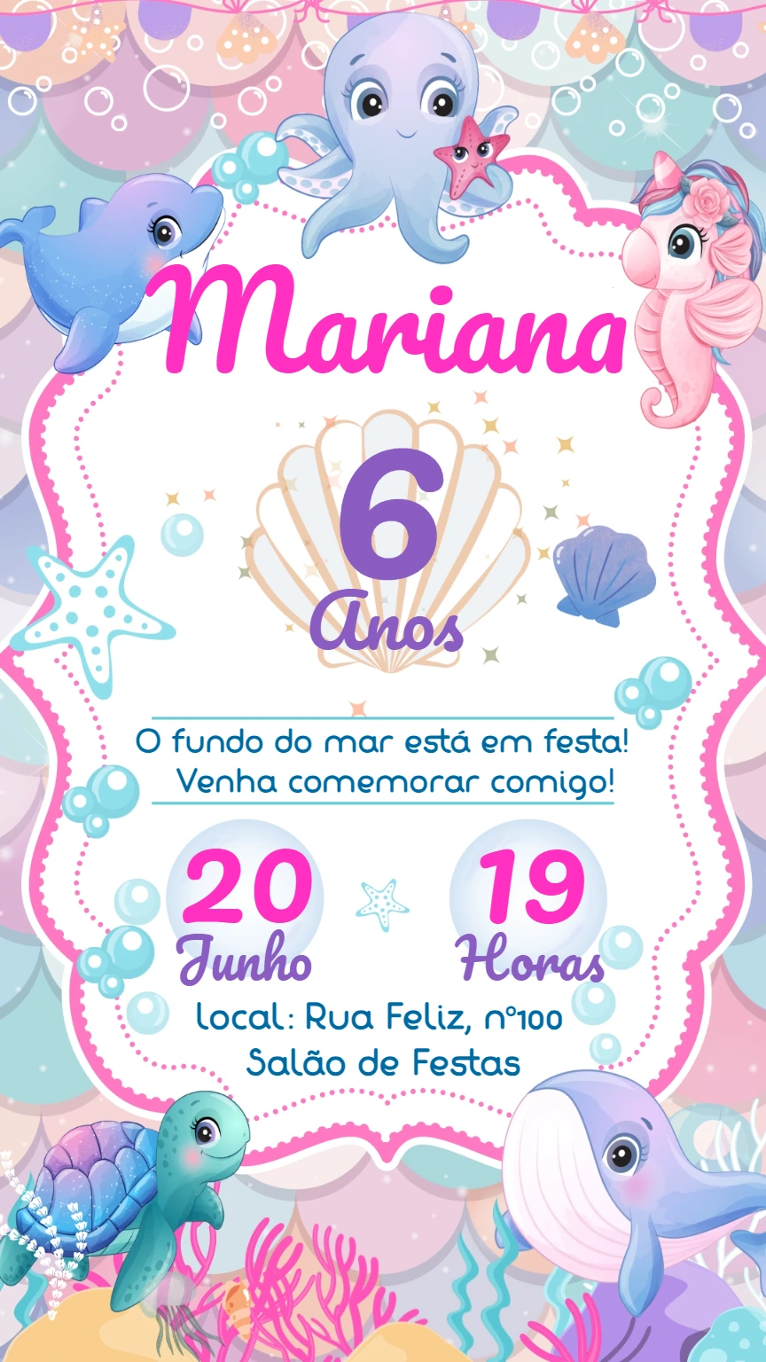 Convite Aniversário Fundo do Mar Menina Editável Online