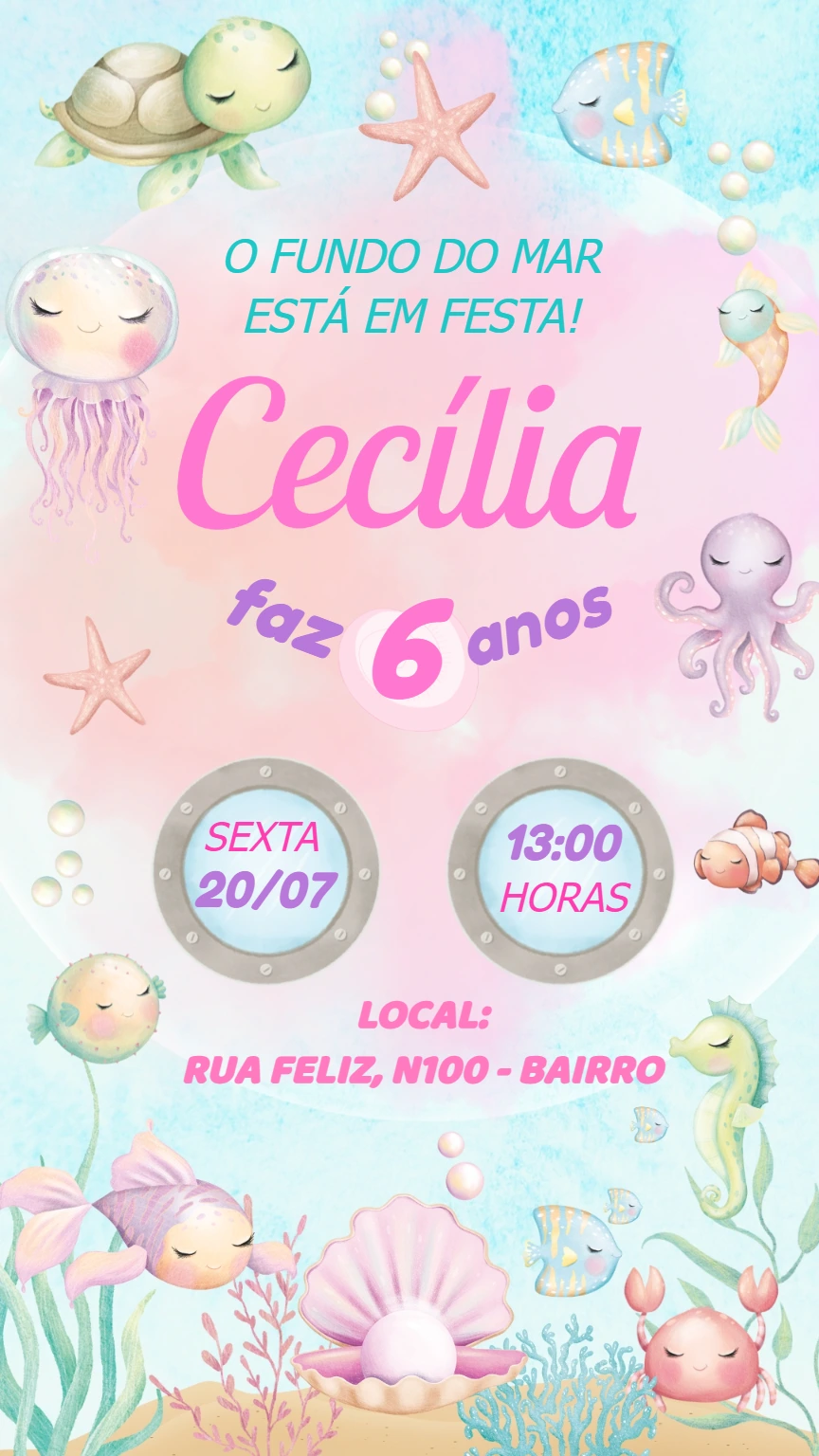 Convite Aniversário Fundo do Mar Menina para Editar Online