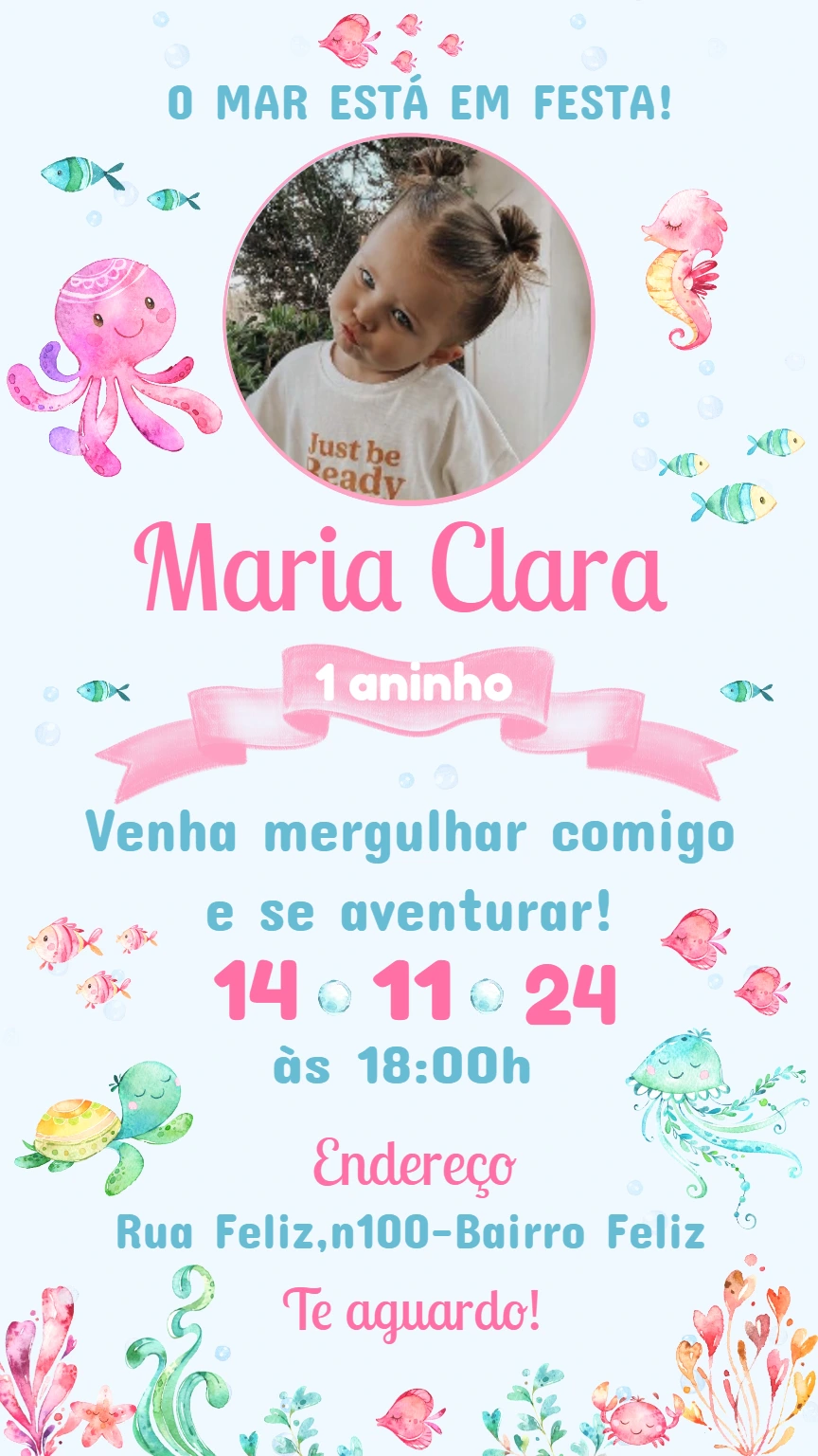 Convite Aniversário Fundo do Mar com Foto para Editar Online