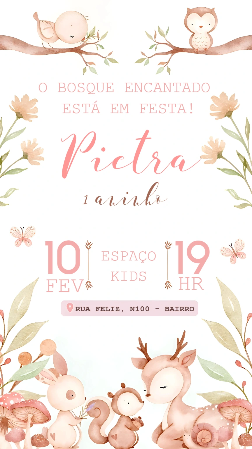 Convite de Aniversário Bosque Encantado com Animais para Editar