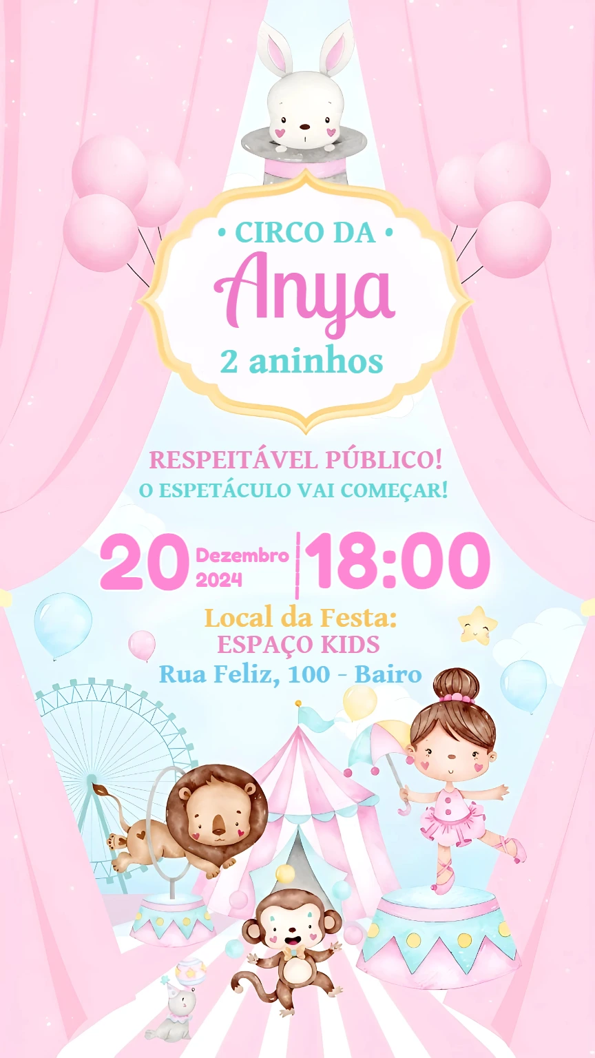 Convite Aniversário Circo Rosa com Animais para Editar