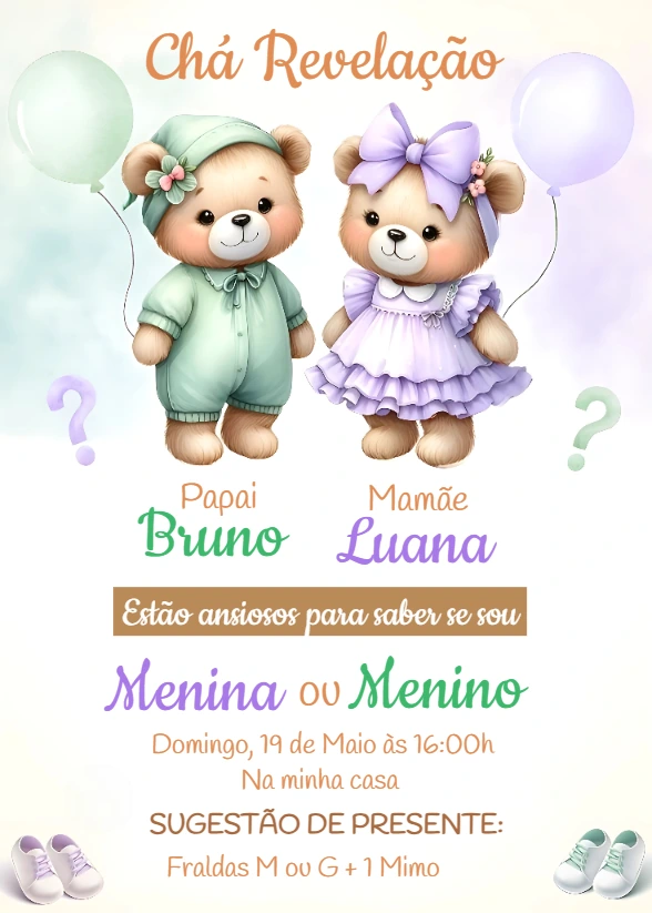 Convite Chá Revelação Ursinhos Fofos para Editar Online