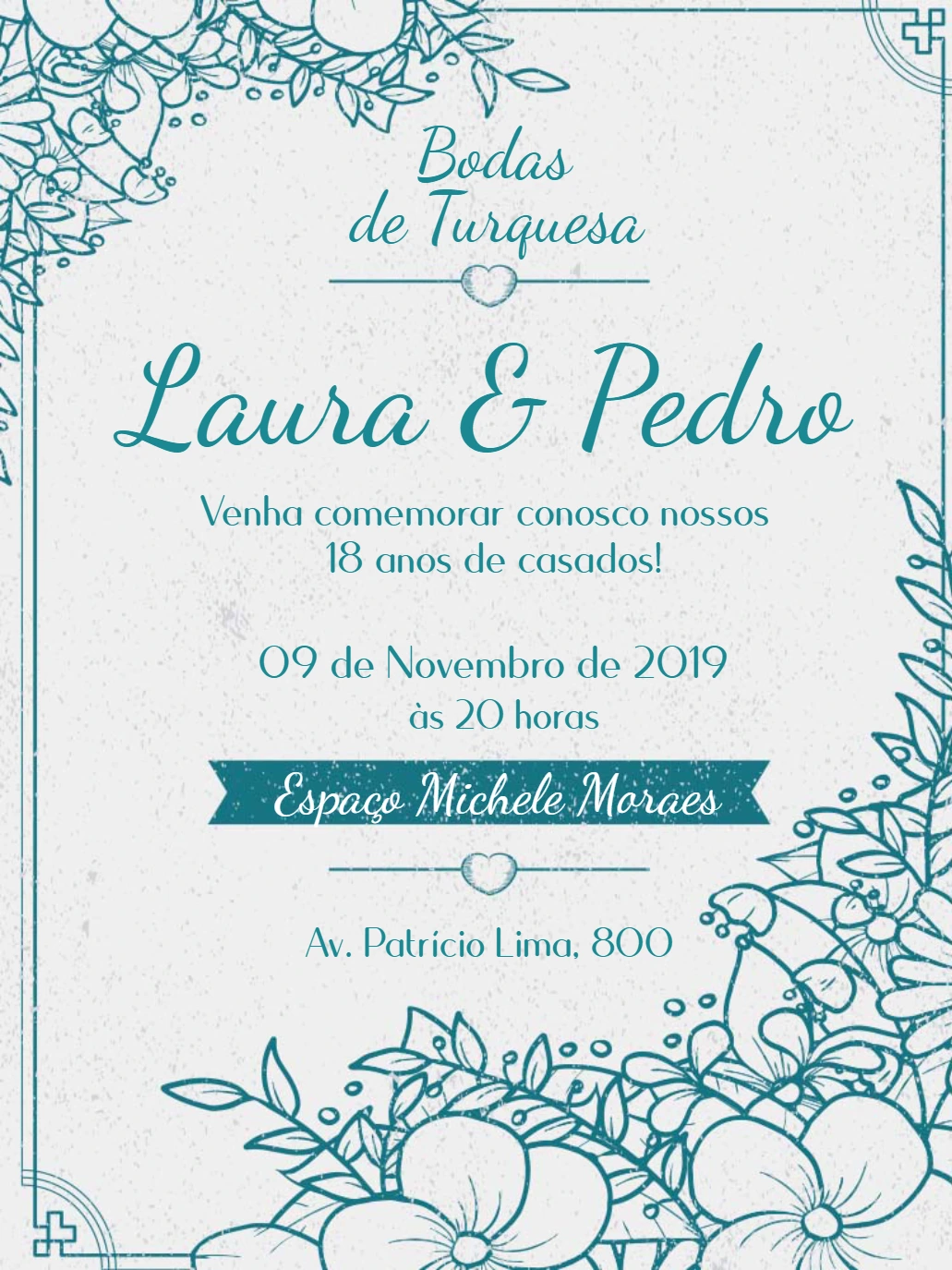 Convite Bodas de Turquesa Floral para Editar Online