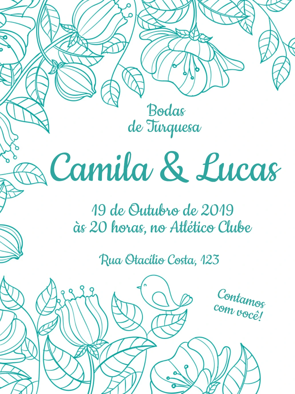 Convite Bodas de Turquesa Floral para Editar Online