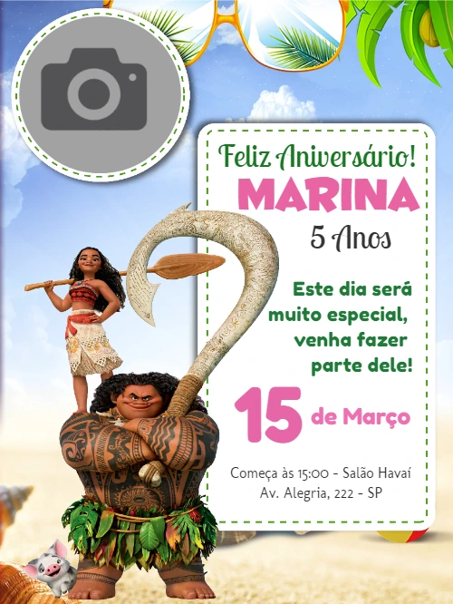 Convite Aniversário Moana com Foto para Editar Online