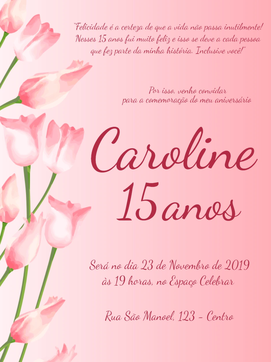 Convite 15 Anos Floral com Tulipas Rosas para Editar Online