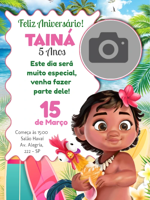 Convite Aniversário Moana Baby com Foto para Editar Online