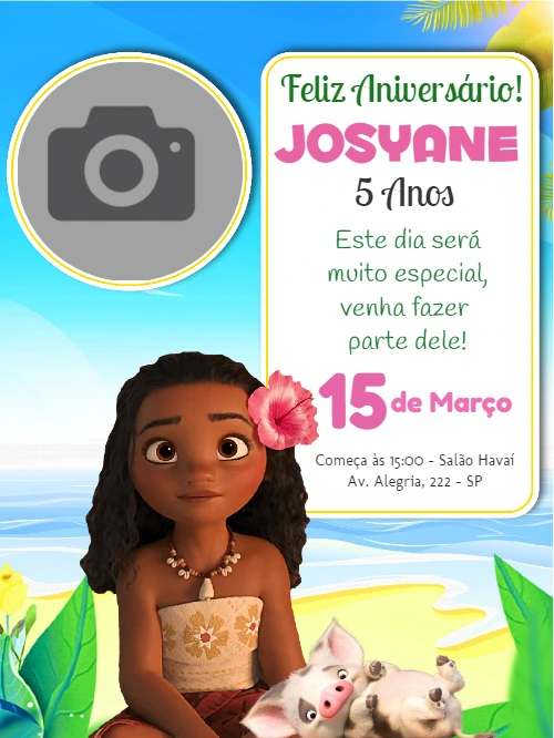 Convite de Aniversário Moana com Foto para Editar Online