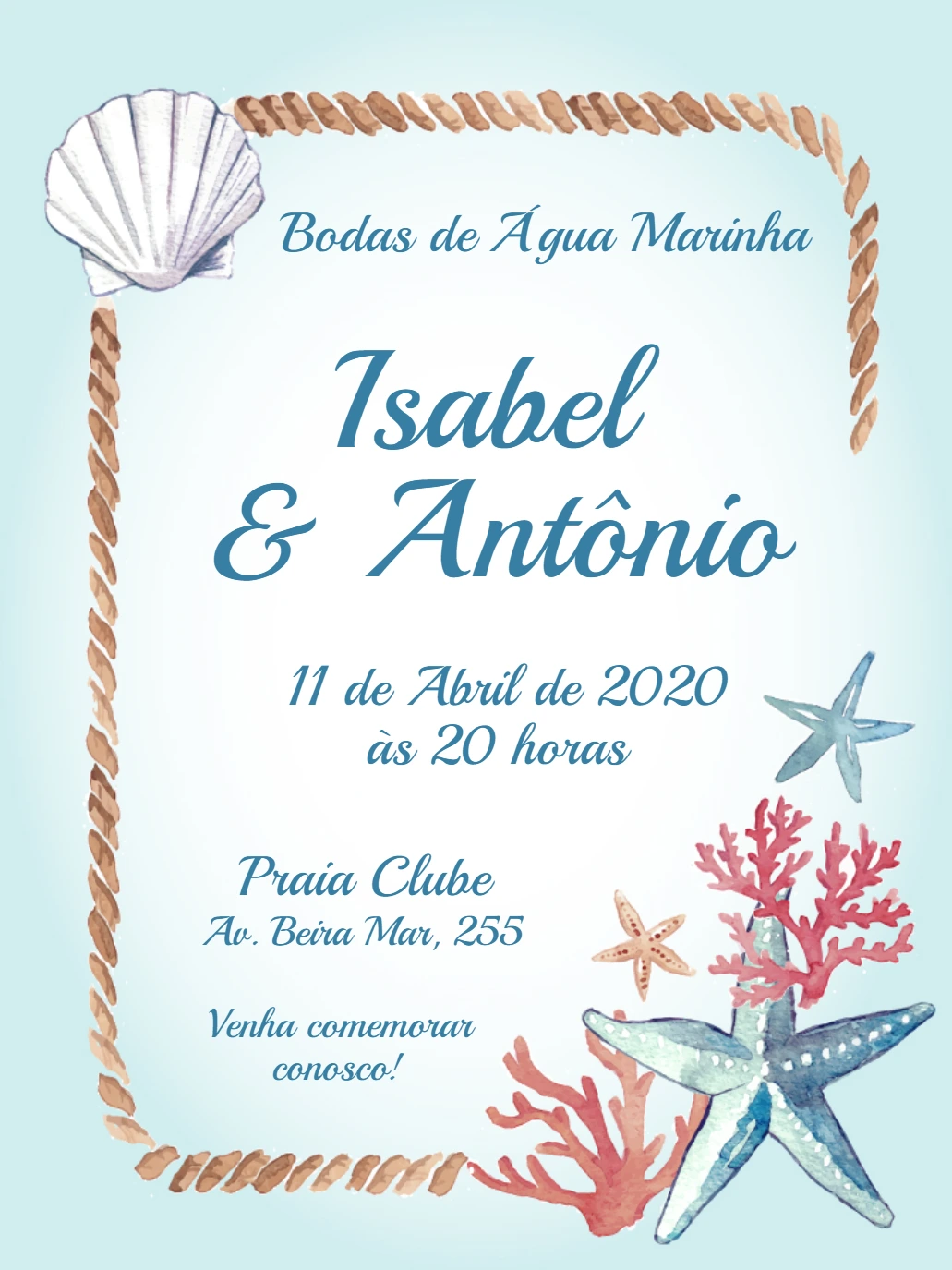 Convite Bodas de Água Marinha Tema Náutico para Editar