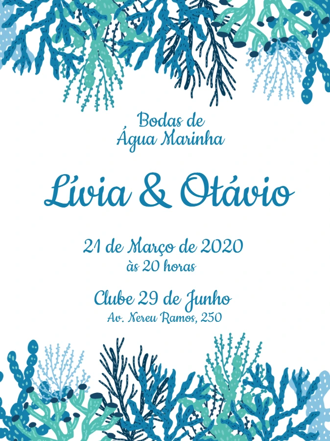 Convite Bodas de Água Marinha com Corais para Editar Online
