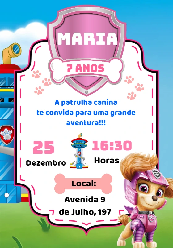 Convite Aniversário Skye Patrulha Canina para Editar Online