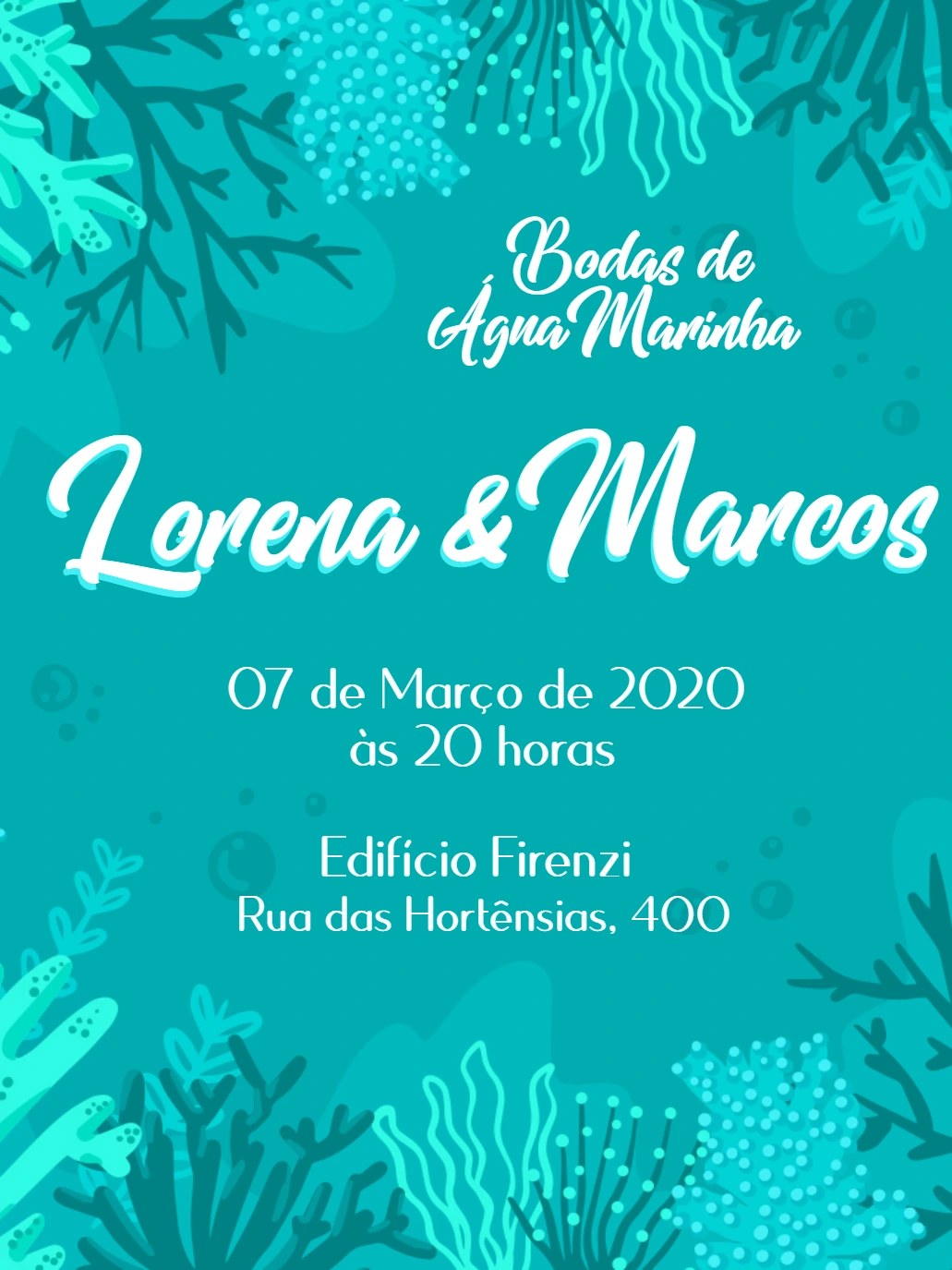 Convite Bodas de Água Marinha Tema Mar para Editar Online