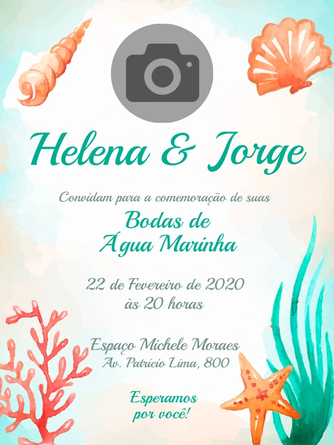 Convite Bodas de Água Marinha com Foto para Editar Online
