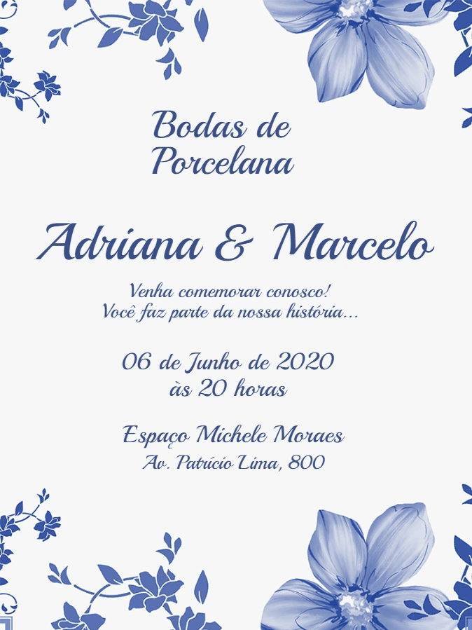 Convite Bodas de Porcelana Floral Azul para Editar Online
