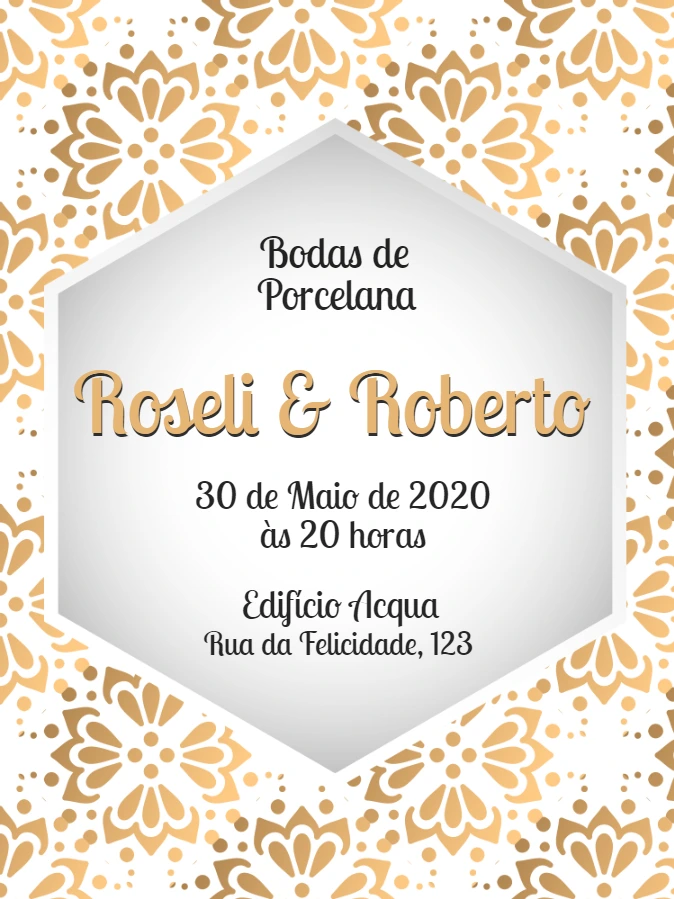 Convite Bodas de Porcelana Dourado para Editar Online