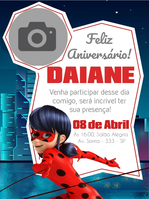 Convite Aniversário Miraculous Ladybug com Foto para Editar