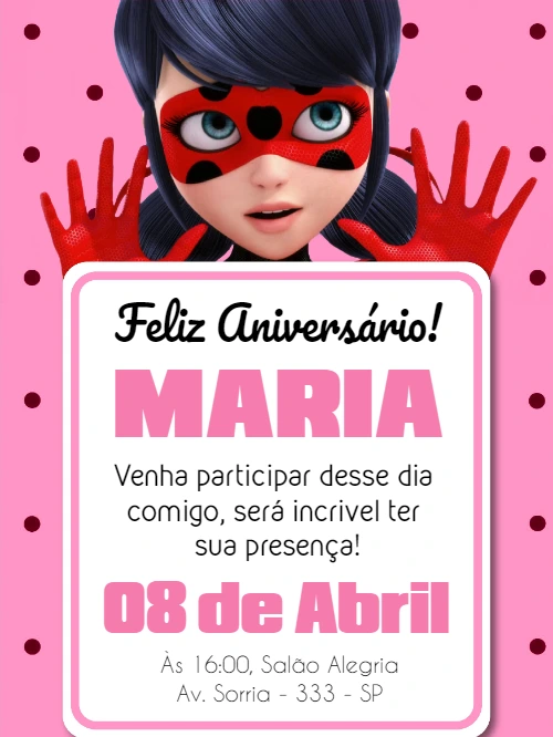 Convite de Aniversário Miraculous Ladybug para Editar Online