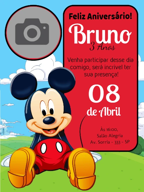 Convite de Aniversário Mickey Mouse com Foto para Editar