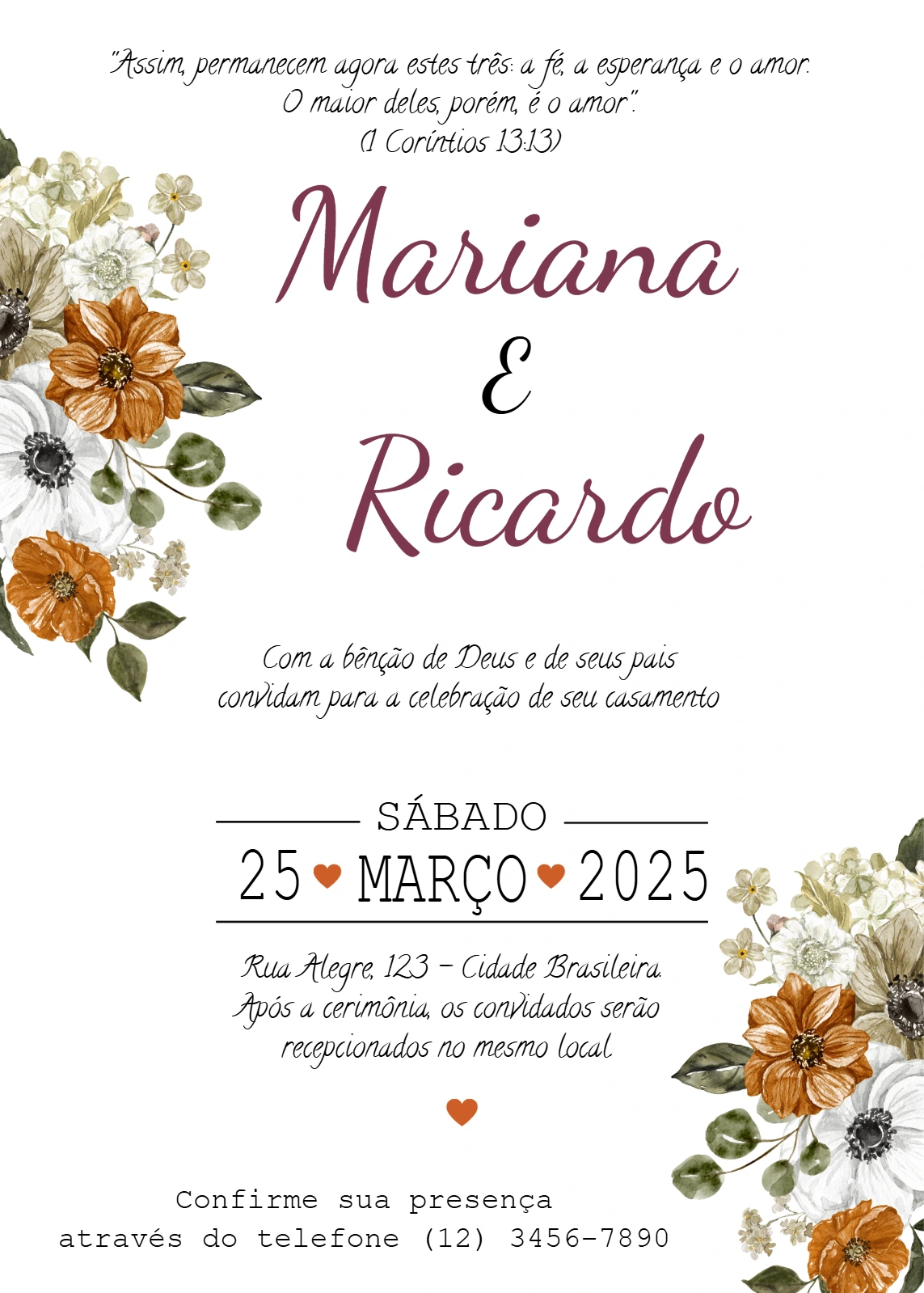 Convite de Casamento Floral Elegante para Editar Online