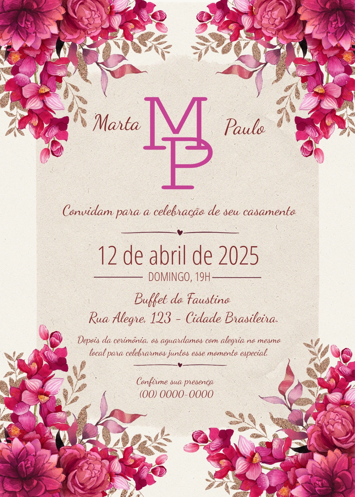 Convite de Casamento Floral Pink Editável Online