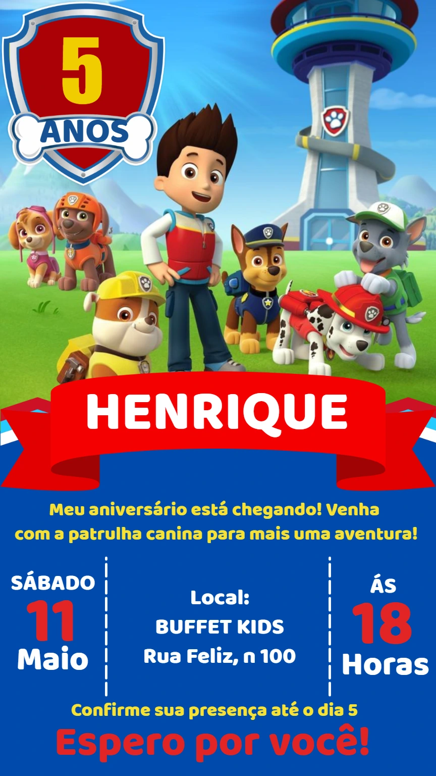 Convite de Aniversário Patrulha Canina para Editar Online