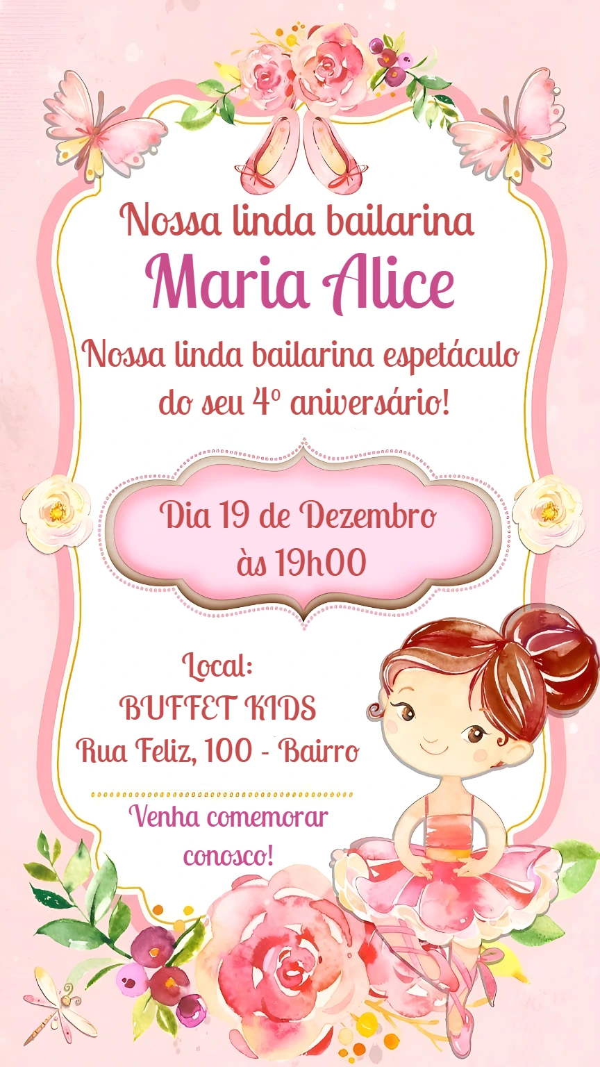 Convite Aniversário Bailarina Delicado para Editar Online