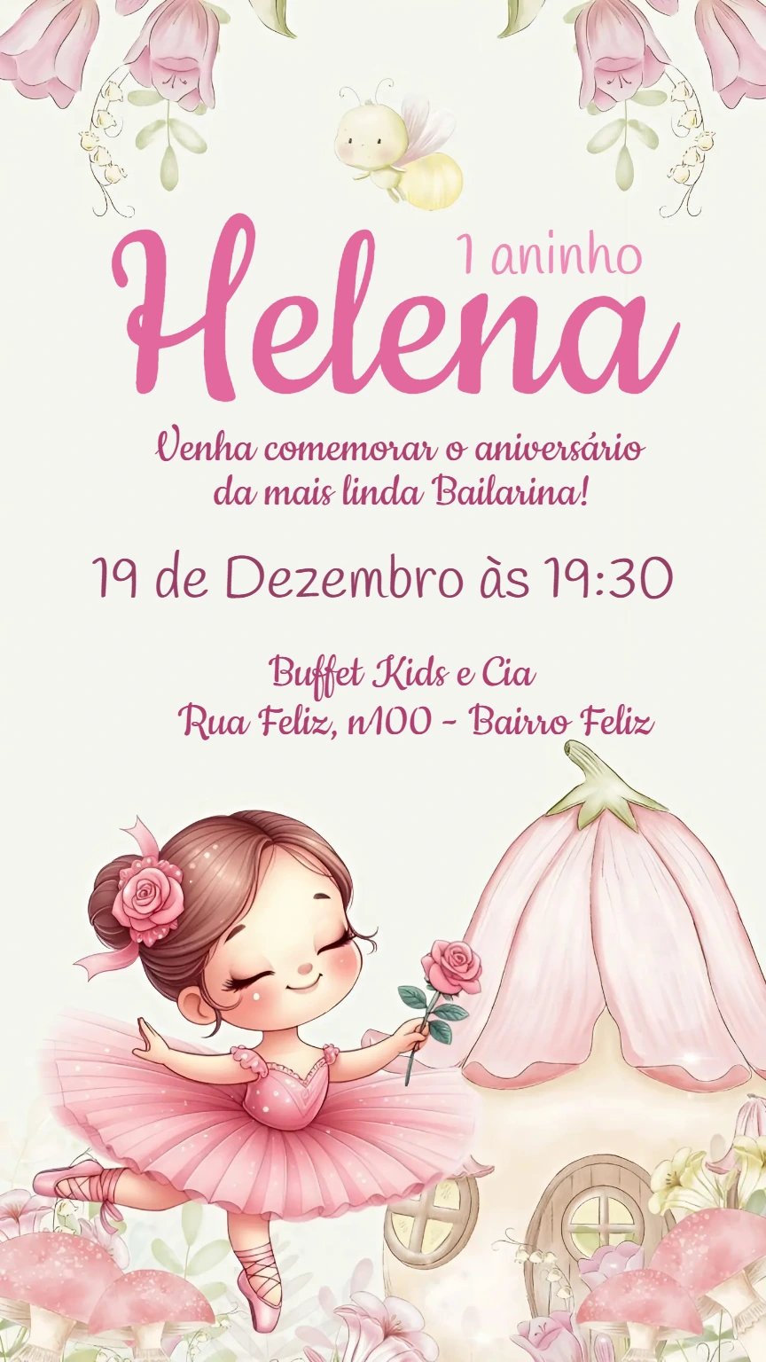 Convite Aniversário Bailarina Fofa para Editar Online
