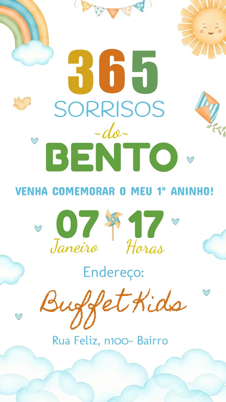 Convite Aniversário 1 Ano 365 Sorrisos para Editar Online