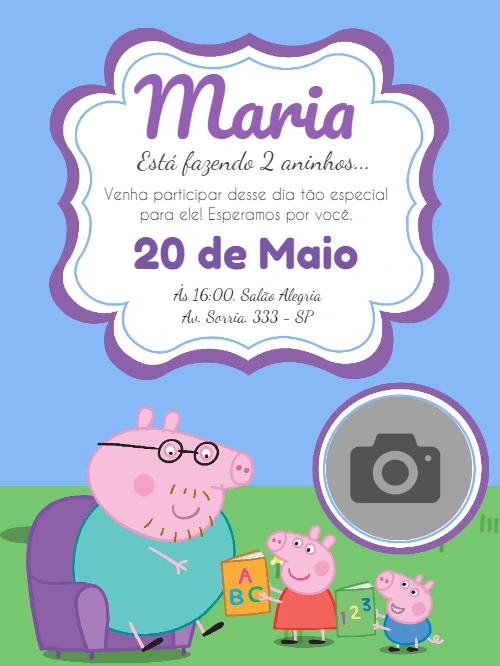 Convite de Aniversário Peppa Pig com Foto para Editar Online