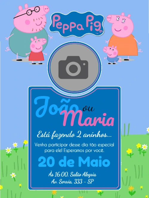 Convite Aniversário Peppa Pig com Foto para Editar Online