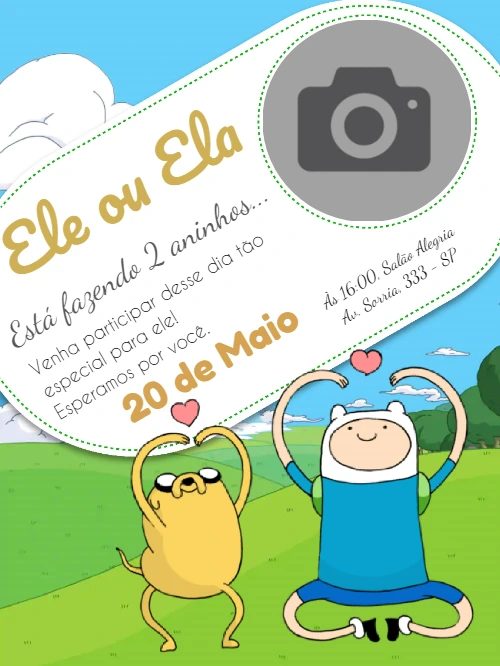 Convite Aniversário Hora de Aventura com Foto para Editar Online