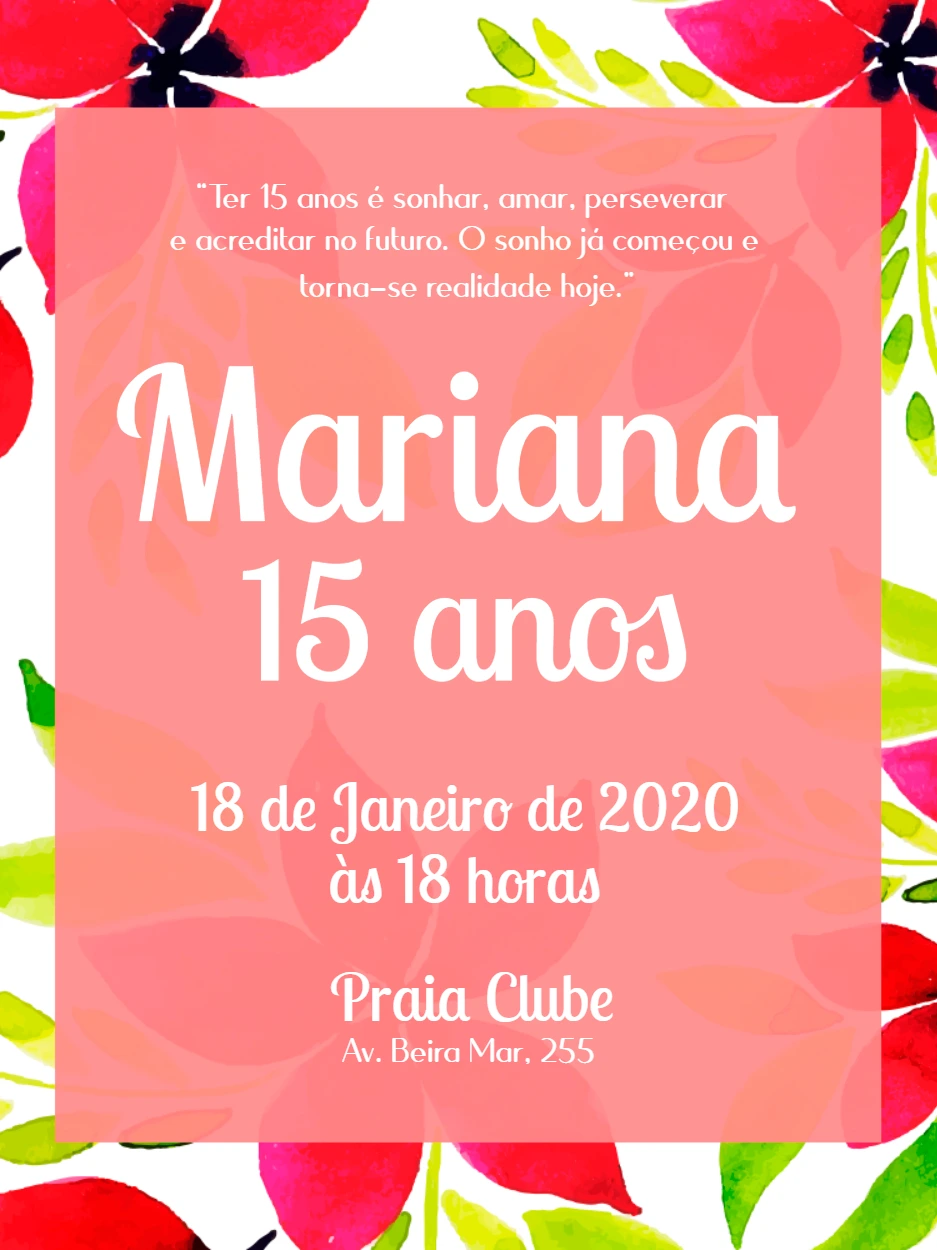 Convite de 15 anos Florido Tropical para Editar Online