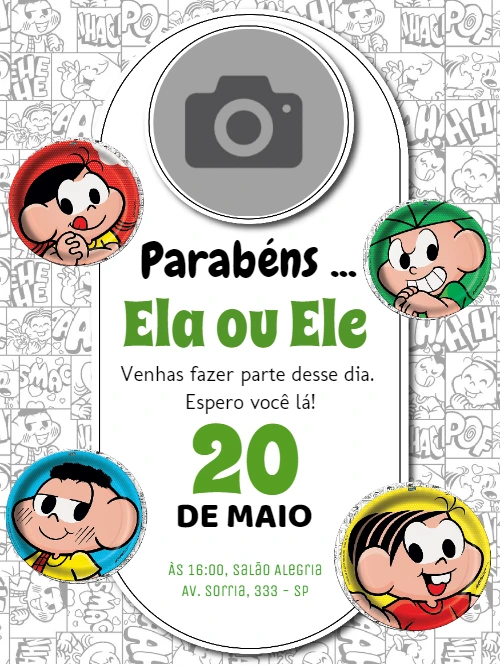 Convite de Aniversário Turma da Mônica com Foto para Editar