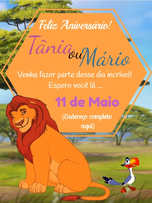 Convite de Aniversário Rei Leão para Editar Online
