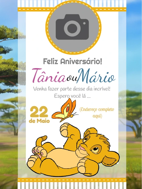 Convite Aniversário Rei Leão com Foto para Editar Online
