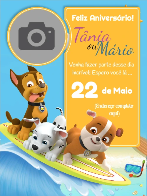 Convite Aniversário Patrulha Canina com Foto para Editar Online
