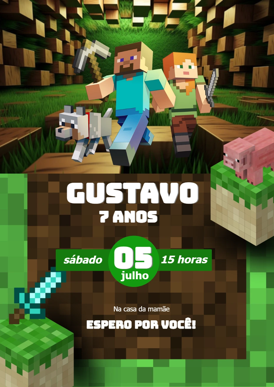 Convite de Aniversário Minecraft com Personagens para Editar