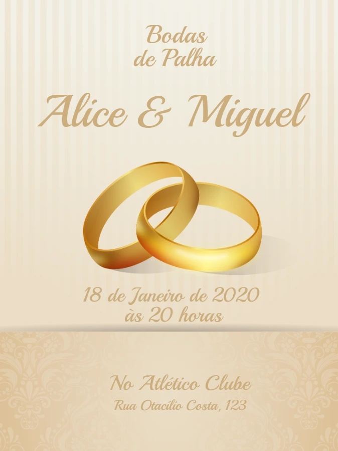 Convite Bodas de Palha com Anéis Dourados para Editar