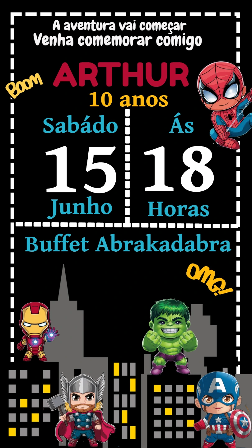 Convite Aniversário Vingadores Cute para Editar Online