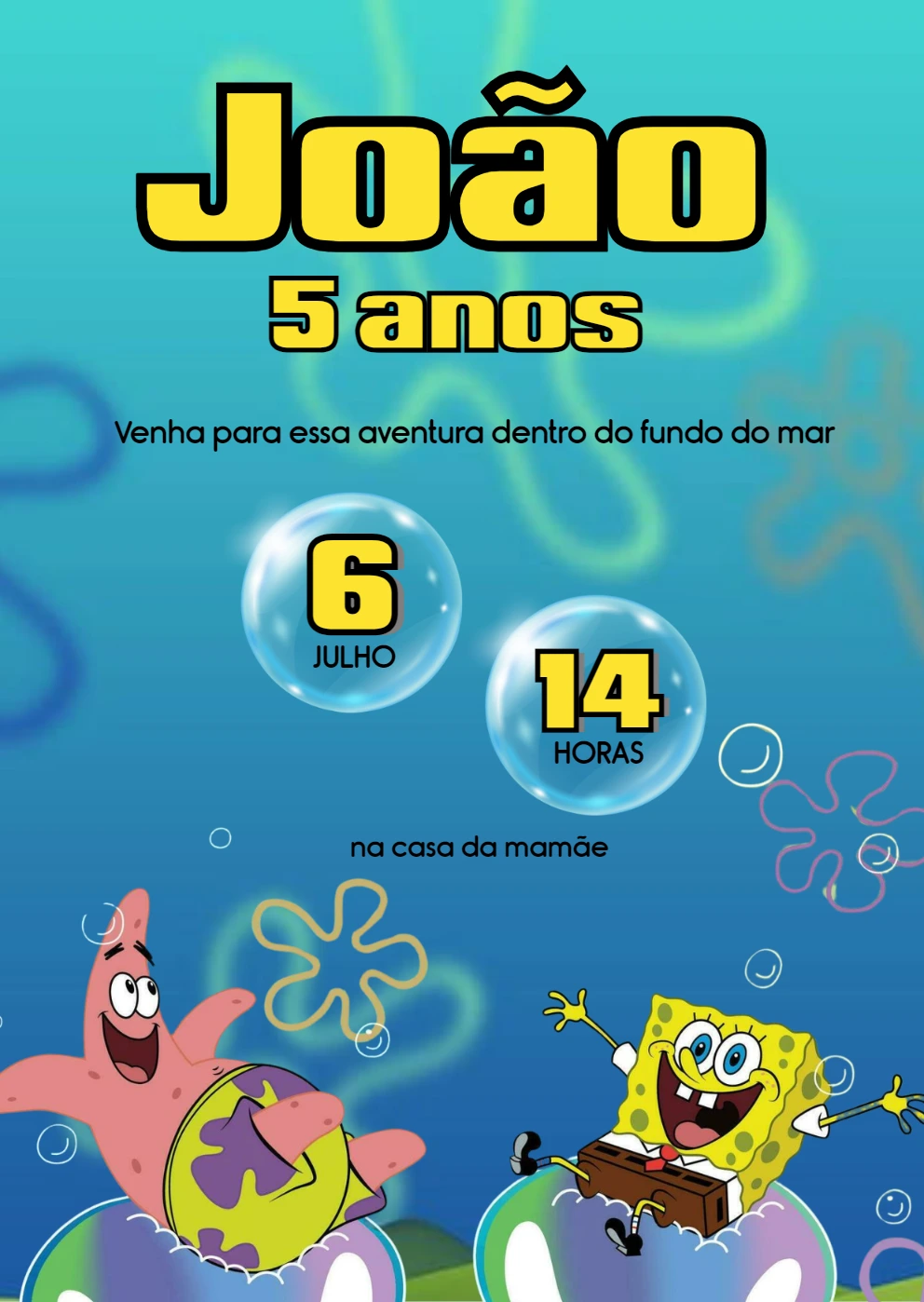 Convite Aniversário Bob Esponja e Patrick para Editar Online