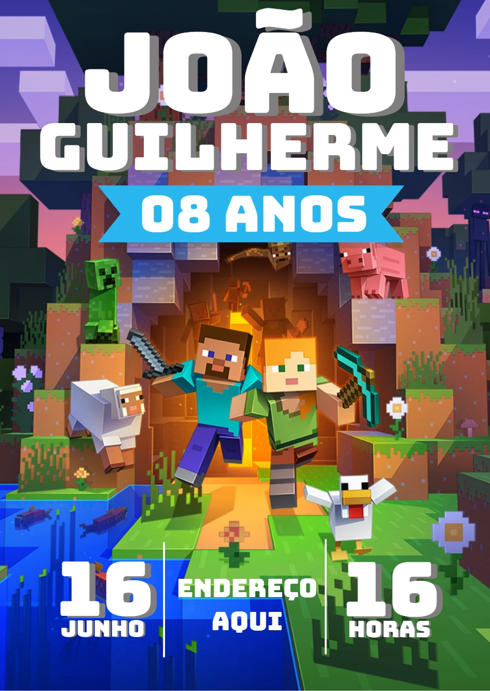 Convite de Aniversário Minecraft com Personagens para Editar