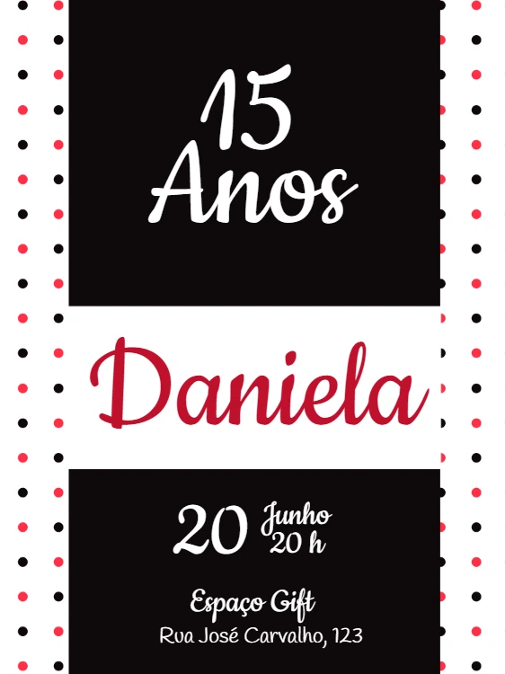 Convite 15 Anos Poá Preto e Vermelho para Editar Online