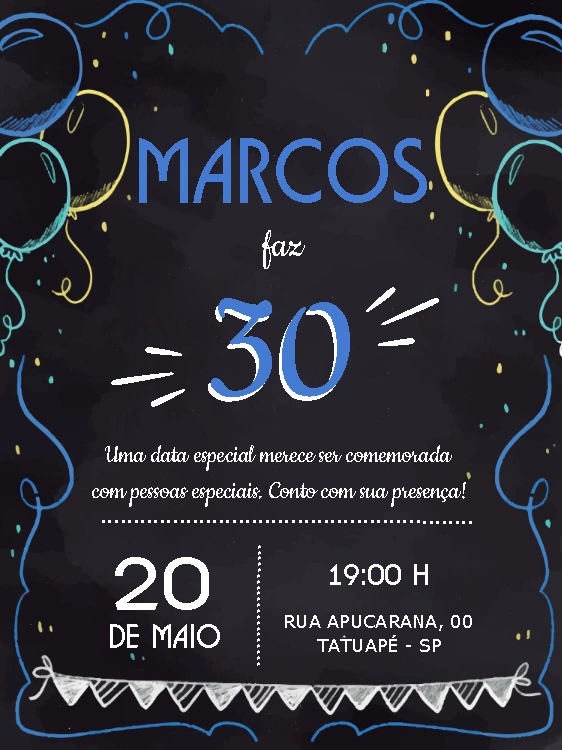 Convite de Aniversário Masculino Estilo Lousa para Editar