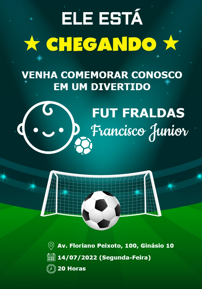 Convite Fut Fraldas Tema Futebol para Editar Online