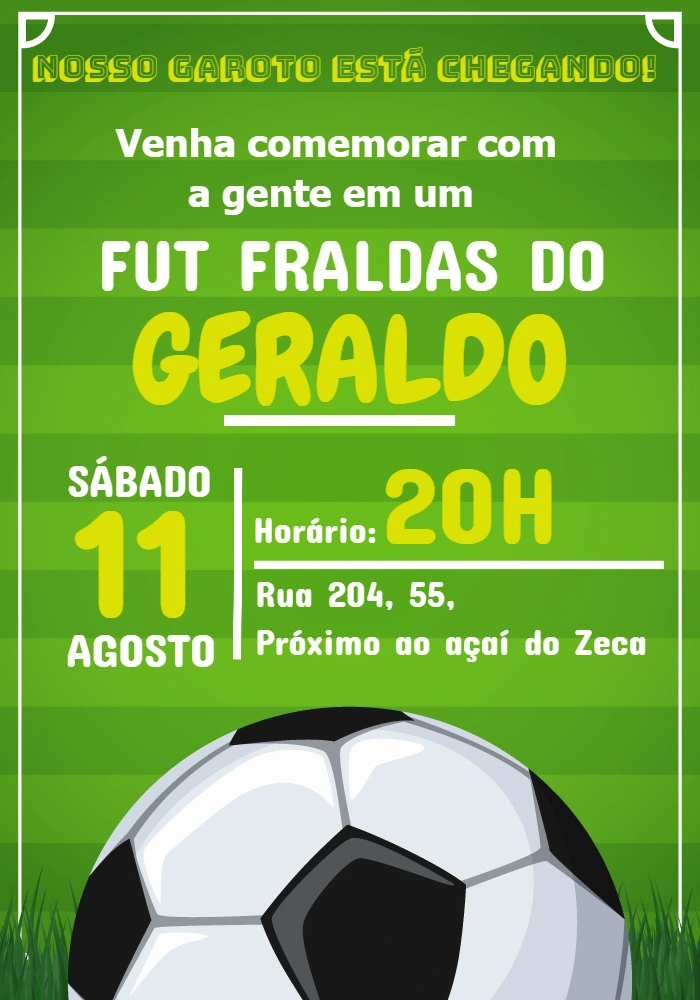 Convite Fut Fraldas Tema Futebol para Editar Online