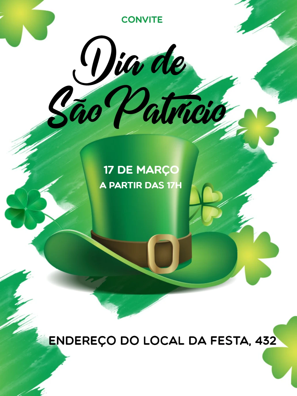 Convite Dia de São Patrício com Chapéu e Trevos para Editar