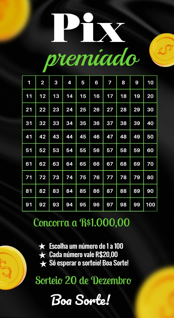 Rifa Pix Premiado com Cartela de Números para Editar Online