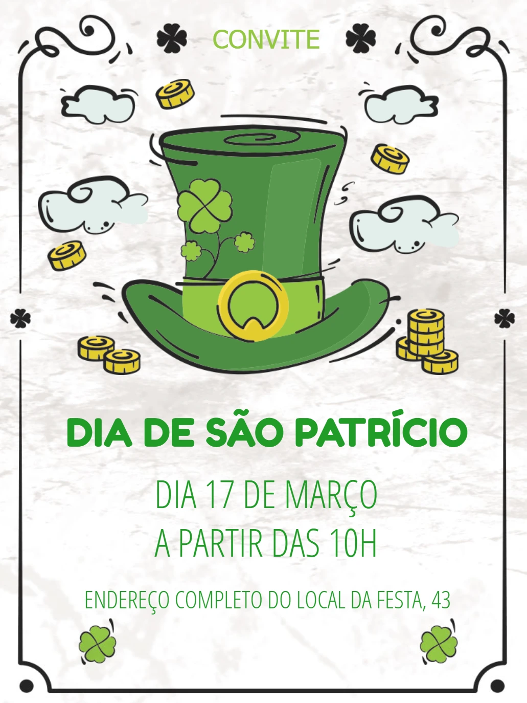 Convite Dia de São Patrício com Trevos para Editar Online