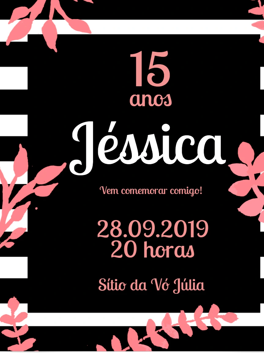 Convite 15 Anos Floral Preto e Branco para Editar Online