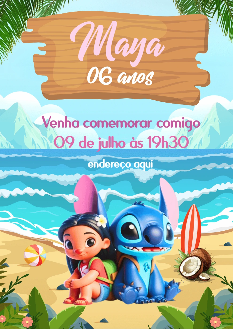 Convite Aniversário Lilo & Stitch para Editar Online